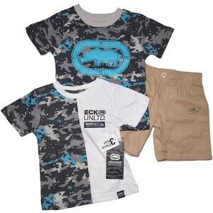 Ecko Unltd Baby Boy 18 Mos 3pc Shorts Shirt Outfit Set Blue Gray Black White Tan